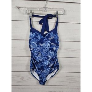 Basic Editions Women's Blue Paisley One Piece Sleeveless Halter Swimsuit Size‎ 6